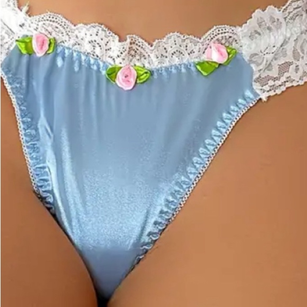 Coquette Girlie Blue Silky Satin Lace & Rosette Trim Feminine Thong Panties NWT - Picture 15 of 15